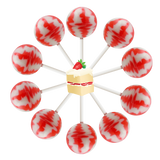 10 strawberry shortcake lollipops in a circle, cartoon strawberry shortcake in the center.