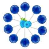 10 blue raspberry lollipops arranged in a circle with cartoon blueberries in the center.