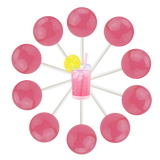 10 pink lemonade lollipops arranged in a circle with a cartoon pink lemonade in the center.