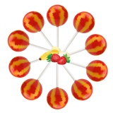 10 strawberry banana lollipops in a circle, cartoon banana and strawberries in the center