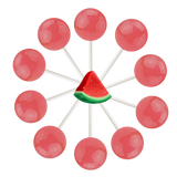 10 watermelon lollipops arranged in a circle with a cartoon watermelon slice in the center.
