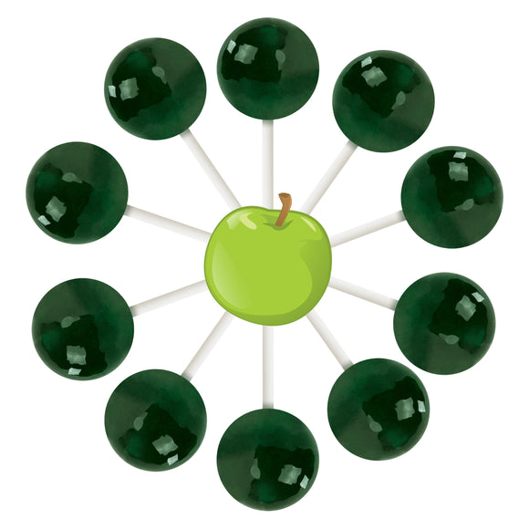 10 Green apple lollipops arranged in a circle with a cartoon apple in the center.