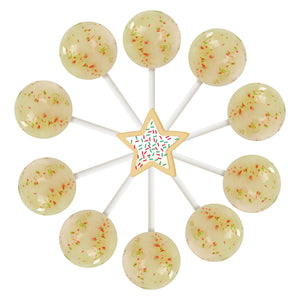 10 sugar cookie lollipops arranged in a circle with a cartoon sugar cookie in the center.