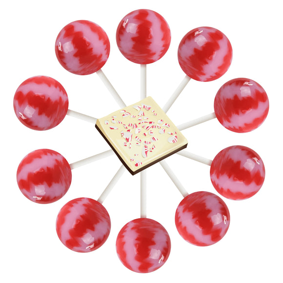 10 peppermint bark lollipops arranged in a circle with a cartoon peppermint bark in the center.