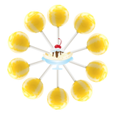 10 banana split lollipops arranged in a circle with a cartoon banana split in the center.