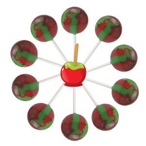 10 candy apple lollipops arranged in a circle with a cartoon candy apple in the center.