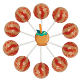 10 caramel apple lollipops arranged in a circle with a cartoon caramel apple in the center.