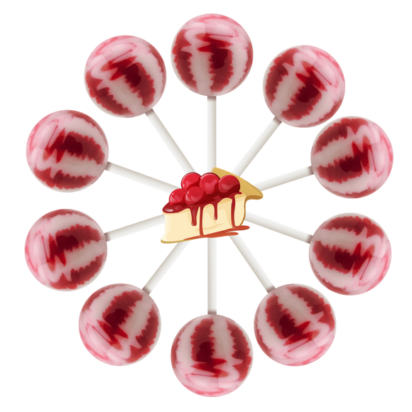 10 cheesecake lollipops arranged in a circle, cartoon cheesecake slice in center