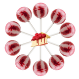 10 cheesecake lollipops arranged in a circle, cartoon cheesecake slice in center