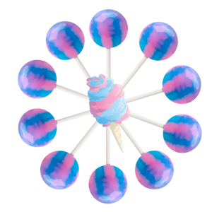 10 cotton candy lollipops arranged in a circle with a cartoon cotton candy in the center.