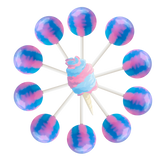10 cotton candy lollipops arranged in a circle with a cartoon cotton candy in the center.