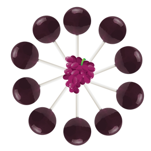 10 grape lollipops arranged in a circle with cartoon grapes in the center.