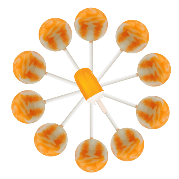 10 orange creamsicle lollipops arranged in a circle with a cartoon orange creamsicle in the center.