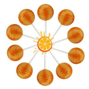 10 orange splash lollipops in a circle with a cartoon orange in the center