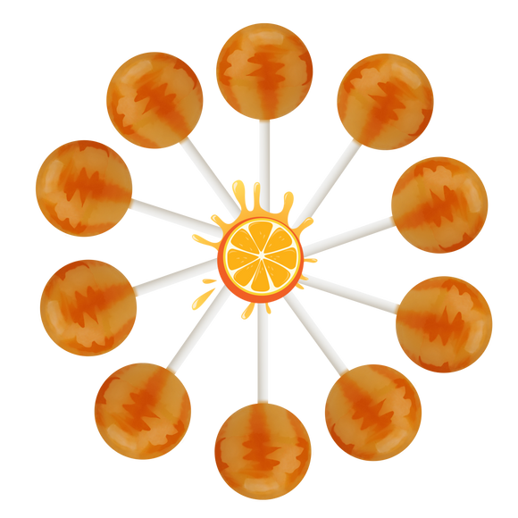 10 orange splash lollipops in a circle with a cartoon orange in the center