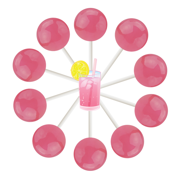 10 pink lemonade lollipops arranged in a circle with a cartoon pink lemonade in the center.