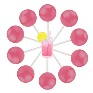10 pink lemonade lollipops arranged in a circle with a cartoon pink lemonade in the center.