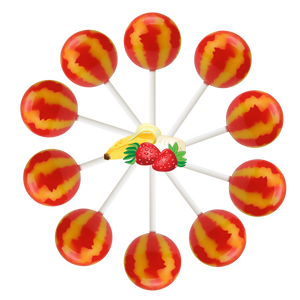 10 strawberry banana lollipops in a circle, cartoon banana and strawberries in the center