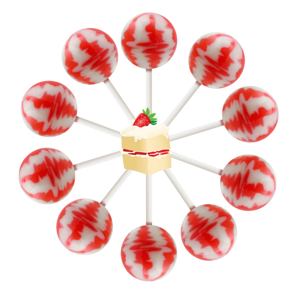 10 strawberry shortcake lollipops in a circle, cartoon strawberry shortcake in the center.