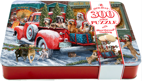 Red Truck with Dogs Tin with Matching Puzzle and 7oz of Shortbread Cookies