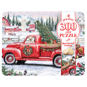 Red Truck and Puppy Tin with Matching Puzzle and 7oz of Shortbread Cookies.