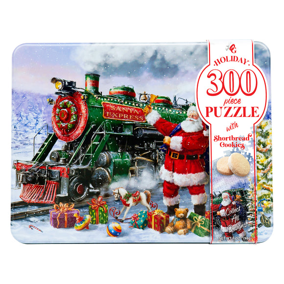 Santa Express Train 300 Piece Puzzle Tin w/ 7oz of Shortbread Cookies