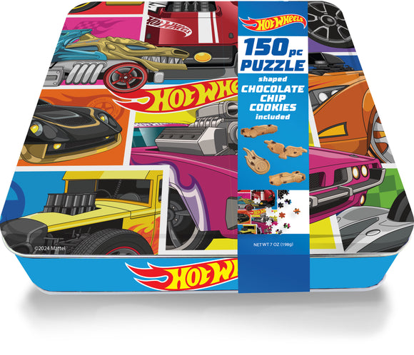 Holiday Hot Wheels 150 Piece Puzzle Tin w/ 7oz Chocolate Chip Cookies