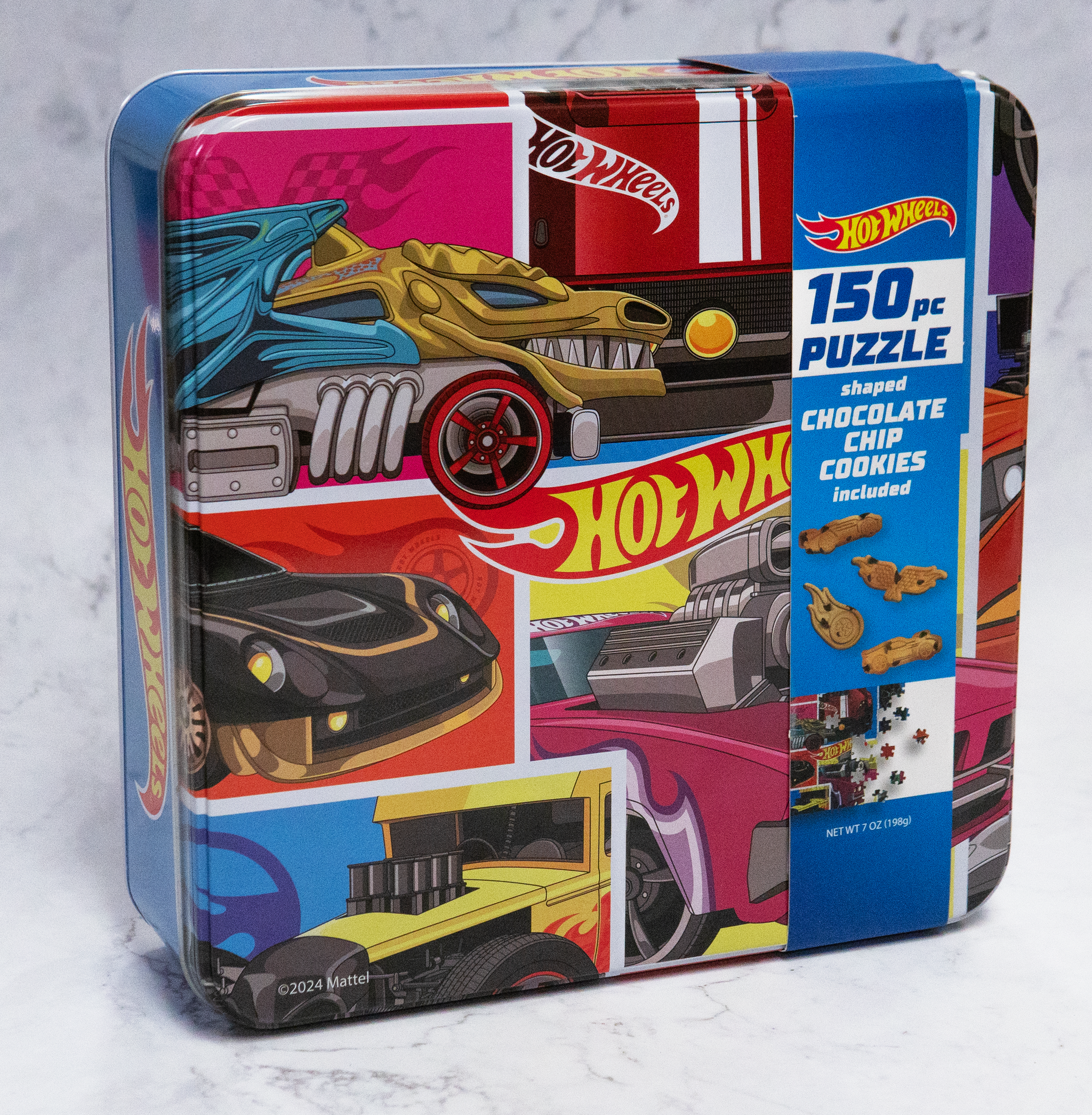 Hot Wheels Puzzle Tin w 7oz car shaped Chocolate Chip Cookies. Original Gourmet Food Co