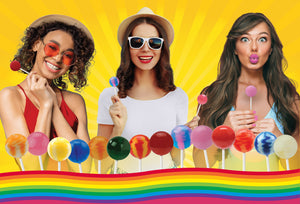 Sunny background, three Women, two smiling and the other making a kissy face. All three holding lollipops. At the bottom of the image there is a row of various lollipops and a wavey rainbow graphic across the bottom border