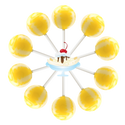10 banana split lollipops arranged in a circle with a cartoon banana split in the center.