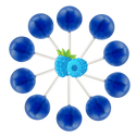 10 blue raspberry lollipops arranged in a circle with cartoon blueberries in the center.