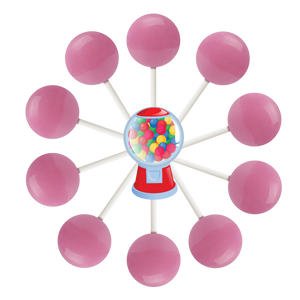 10 bubble gum lollipops arranged in a circle with a cartoon gumboil machine in the center.