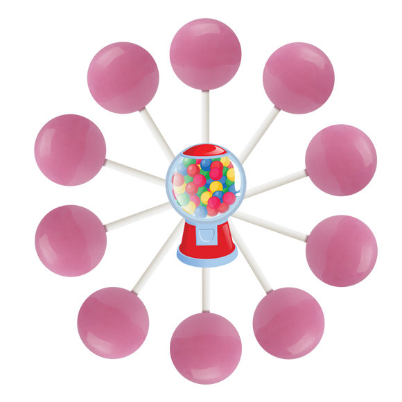 10 bubble gum lollipops arranged in a circle with a cartoon gumboil machine in the center.