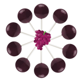 10 grape lollipops arranged in a circle with cartoon grapes in the center.