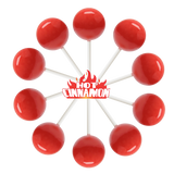 10 hot cinnamon lollipops in a circle with a flaming "hot cinnamon" logo in the center.