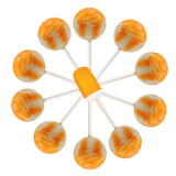10 orange creamsicle lollipops arranged in a circle with a cartoon orange creamsicle in the center.