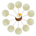 10 Pina colada lollipops in a circle with a cartoon Pina colada in coconut shell in the center.