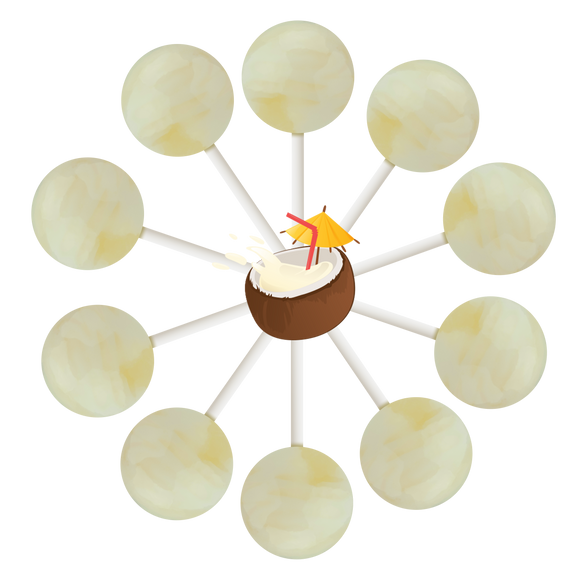 10 Pina colada lollipops in a circle with a cartoon Pina colada in coconut shell in the center.