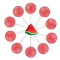 10 watermelon lollipops arranged in a circle with a cartoon watermelon slice in the center.