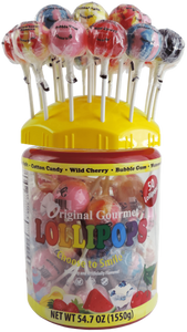 50 ct. lollipop tub. It has a Yellow plastic lid with many lollipops stuck in it by their stick.
