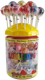 50 ct. lollipop tub. It has a Yellow plastic lid with many lollipops stuck in it by their stick.