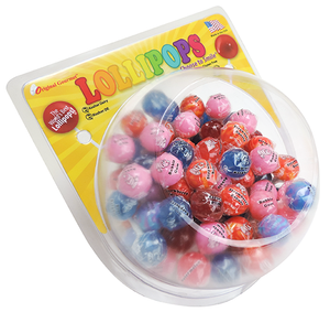 Small clear plastic ball like case of a variety of lollipops with a tag reading Original Gourmet Lollipops.