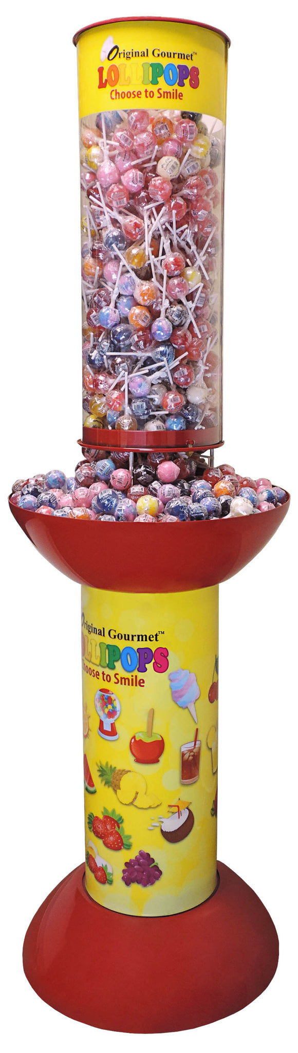 Tall cylinder clear plastic display box full of lollipops gravity fed to an open bowl area where you can grab the lollipops. The top front of the display reads Original gourmet lollipops choose to smile.