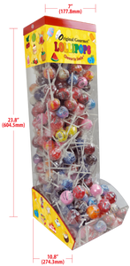Tall clear plastic display box full of lollipops gravity fed to an open area where you can grab the lollipops. The top front of the display reads Original gourmet lollipops choose to smile.  There are measurement lines on the top, side and bottom. Top is 7 inches . Side is 23.8 inches. Bottom is 10.8 inches