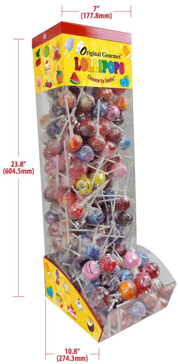 Tall clear plastic display box full of lollipops gravity fed to an open area where you can grab the lollipops. The top front of the display reads Original gourmet lollipops choose to smile.  There are measurement lines on the top, side and bottom. Top is 7 inches . Side is 23.8 inches. Bottom is 10.8 inches