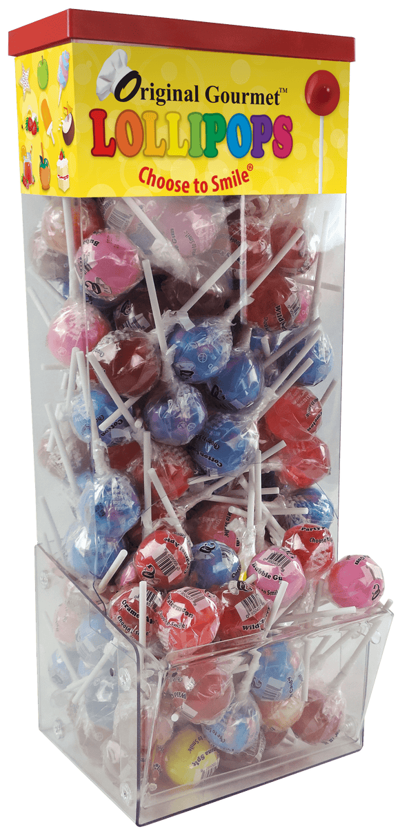 Tall clear plastic display box full of lollipops gravity fed to an open area where you can grab the lollipops. The top front of the display reads Original gourmet lollipops choose to smile.