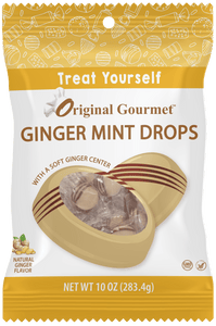 A plastic bag of candy that reads Treat Yourself Ginger Mint Drops with a Soft Ginger Center. Natural Ginger Flavor. Net WT 10 OZ (283.4g) GMO FREE