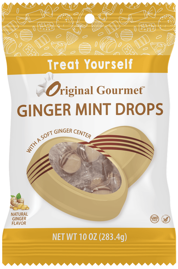 A plastic bag of candy that reads Treat Yourself Ginger Mint Drops with a Soft Ginger Center. Natural Ginger Flavor. Net WT 10 OZ (283.4g) GMO FREE