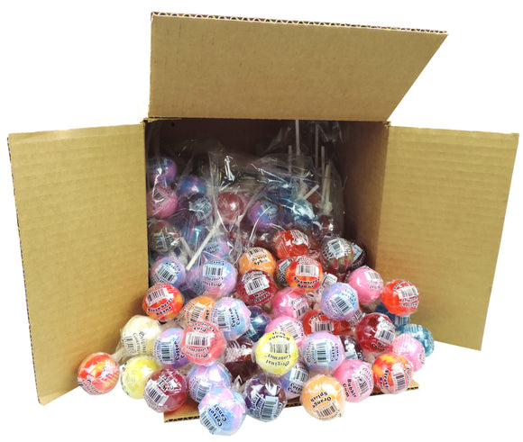 Image of a variety of lollipops pouring out a box.