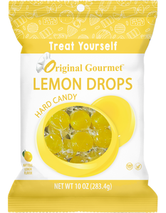 A plastic bag of candy that reads Treat Yourself Original Gourmet Lemon Drops Hard Candy. Net WT 10 OZ (283.4g) GMO FREE Gluten free.